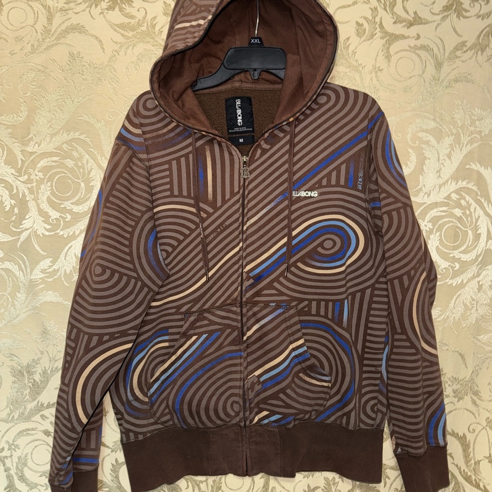 Billabong Men's Brown and Blue Patterned Zip-Up Sweater